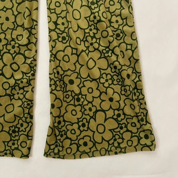 Cider Green Flower Velvet Wide-Leg Flare Pants Funky Retro 70s Loungewear Large - Picture 3 of 6